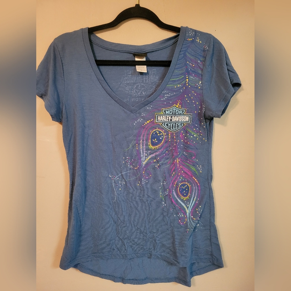 Harley-Davidson Women's Short Sleeve Blue Tee with Peacock Design